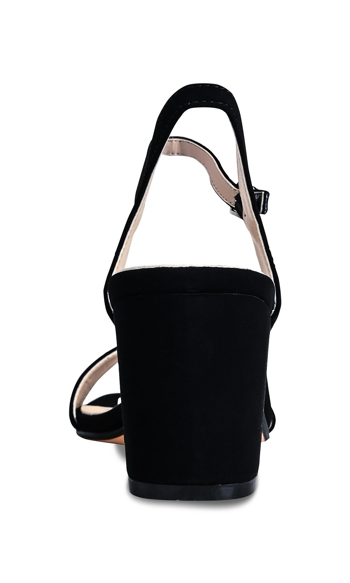 A rear view of Touch Ups 4770 True Black Prom Shoes, block heel sandals with an open toe and ankle strap, shown against a white background—ideal for prom.